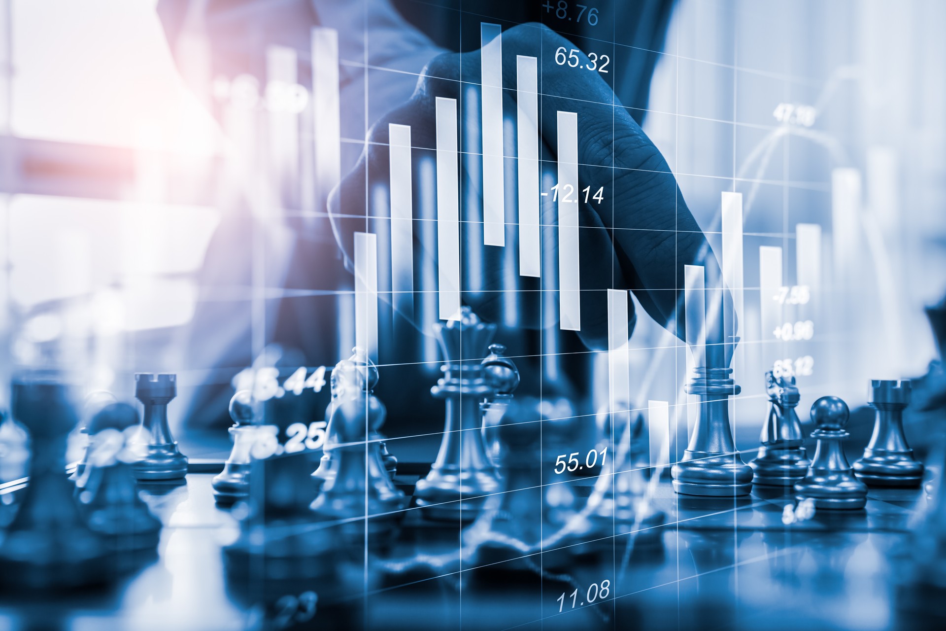 Chess game on chess board on stock market or forex trading graph chart for financial investment concept. Economy trends for digital business marketing strategy analysis. Abstract finance background.